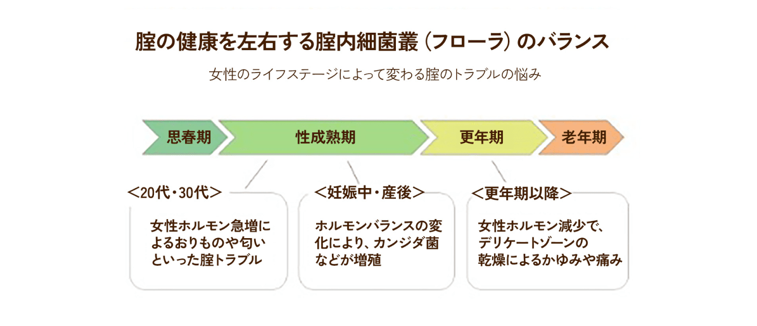 膣の健康を左右する膣内細菌叢（フローラ）のバランス　女性のライフステージによって変わる膣のトラブルの悩み　＜20代・30代＞女性ホルモン急増によるおりものや匂いといった膣トラブル　＜妊娠中・産後＞ホルモンバランスの変化により、カンジダ菌などが増殖　＜更年期以降＞女性ホルモンの減少で、デリケートゾーンの乾燥によるかゆみや痛み